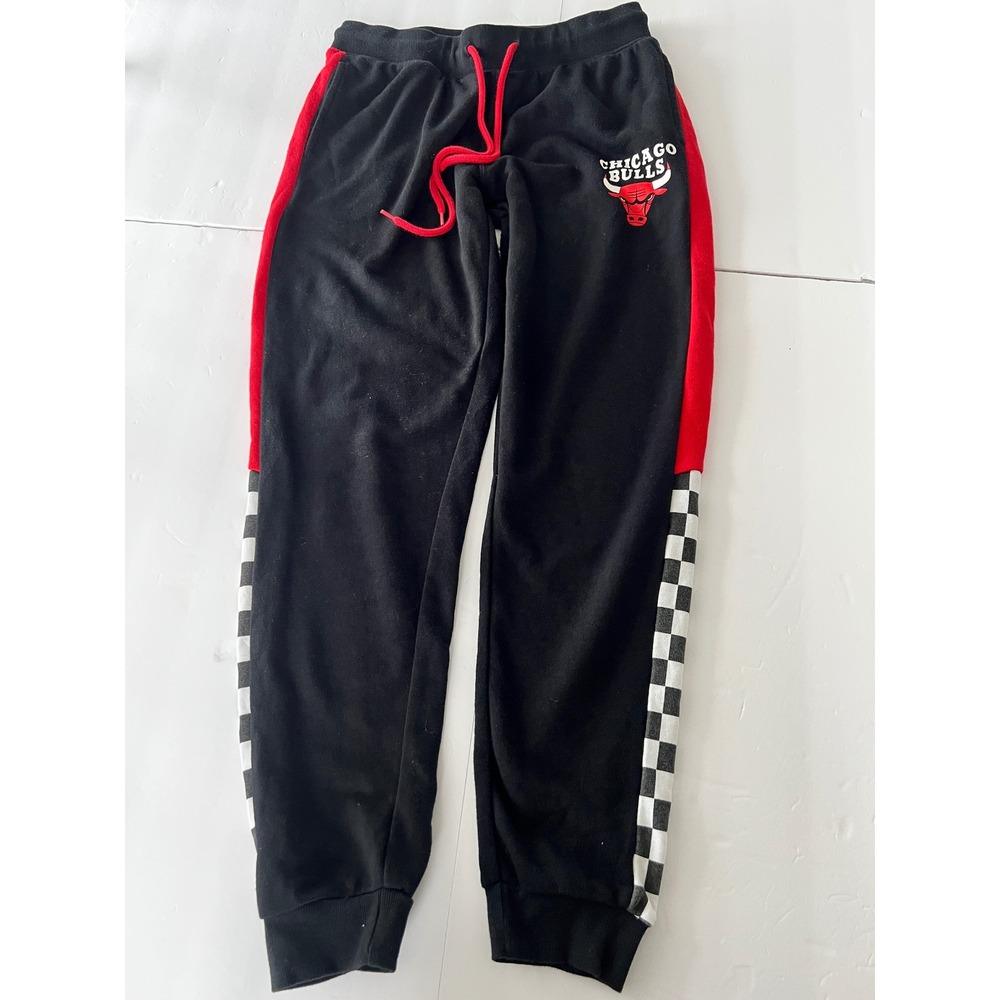 NBA Chicago Bulls Graphic Joggers Black Red Checkered Side Stripe Mens Small